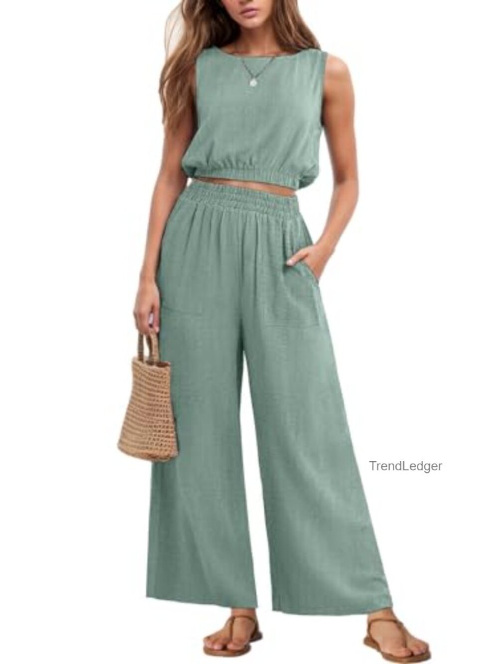 Women's Two Piece Set Sleeveless Crop Top Wide Leg Pants Summer Outfit